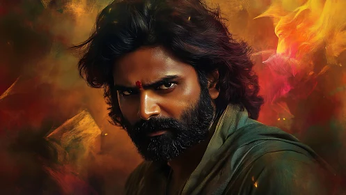 Smoldering warrior gaze amid swirling ember-drenched storm.