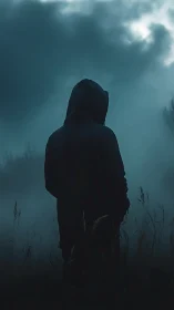Hooded figure standing alone in dark misty field at dusk.