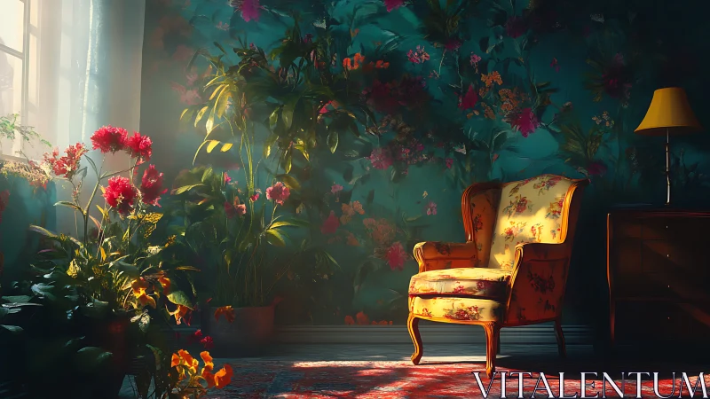 Floral armchair stands in sunlit room with dense indoor plants