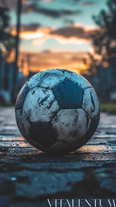 Weathered soccer ball on wet pavement at urban sunset.