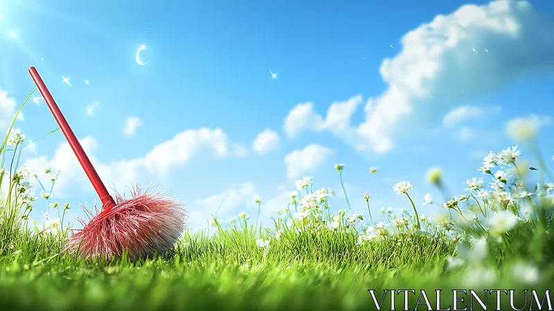 Whimsical feather duster resting in bright spring meadow.