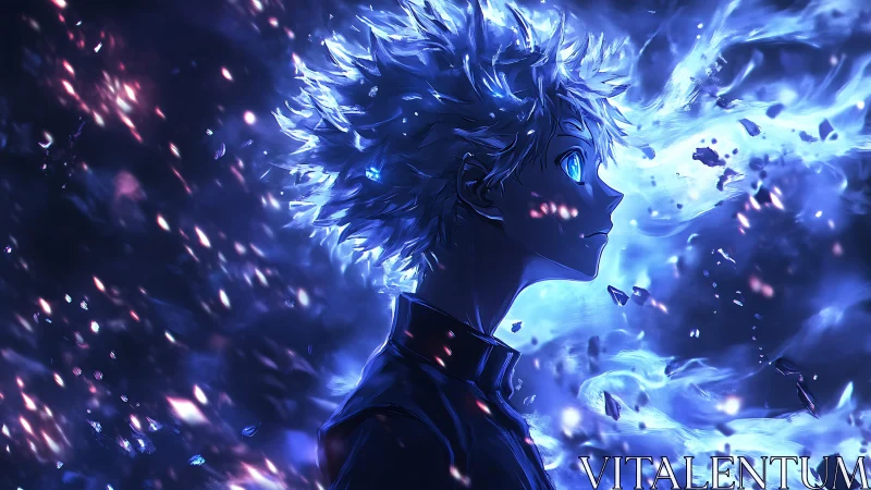Side-lit anime profile with blue energy vortex and debris field