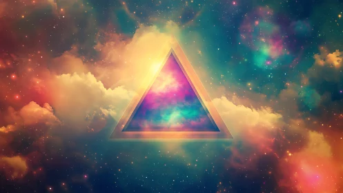 Prismatic triangle portal glows within luminous cosmic clouds