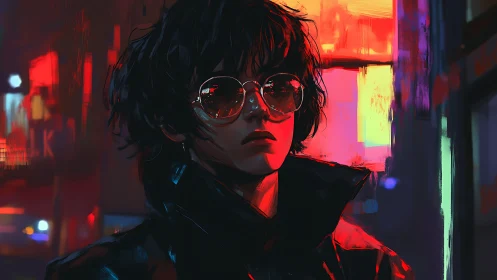 Portrait of person in glasses under neon city lights.