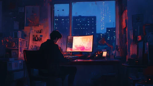 Solitary workstation scene shows coder at ultrawide display