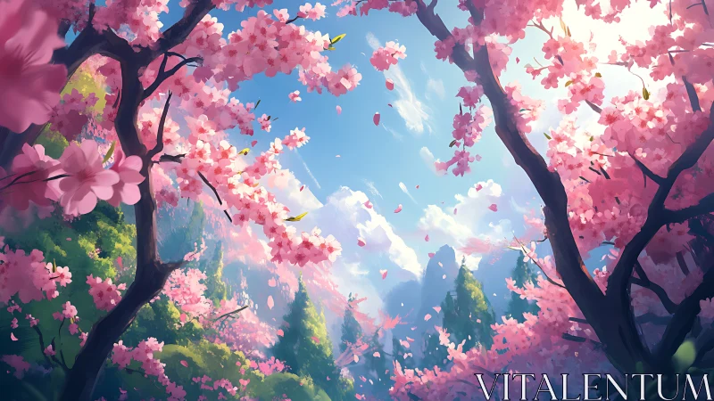 Petal-bright mountains breathe under a cherry blossom sky