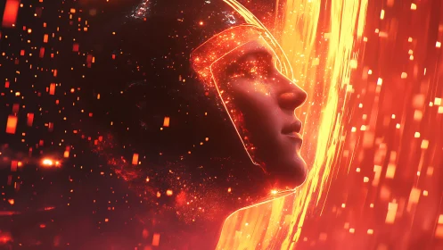 Profile of helmeted human head in red luminous particle field