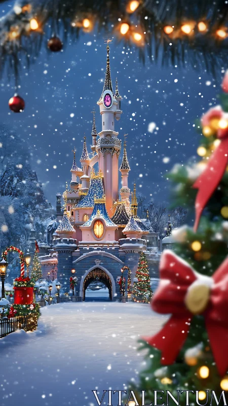 Snow covered fantasy castle framed by Christmas lights