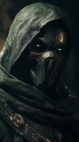 Armored hooded wraith with metallic mask and emissive eyes rendered