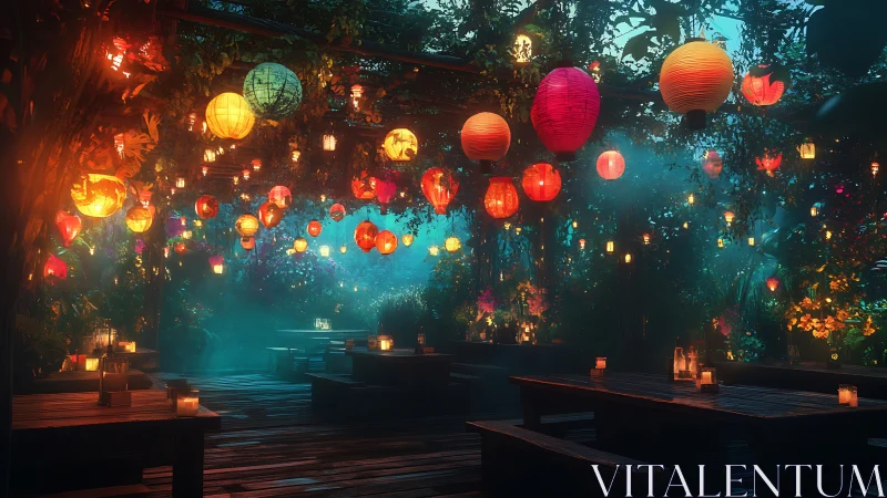 Lantern‑lit garden terrace uses volumetric fog and warm bokeh lighting