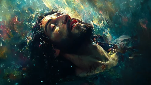 Expressive digital portrait shows submerged bearded man in radiant light