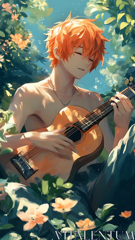 Orange haired boy playing acoustic guitar in garden