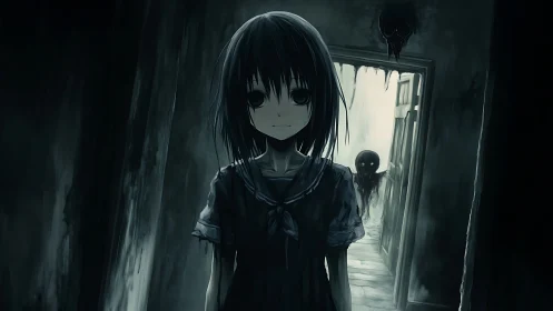 Girl confronts shadowy spirit in narrow haunted hallway