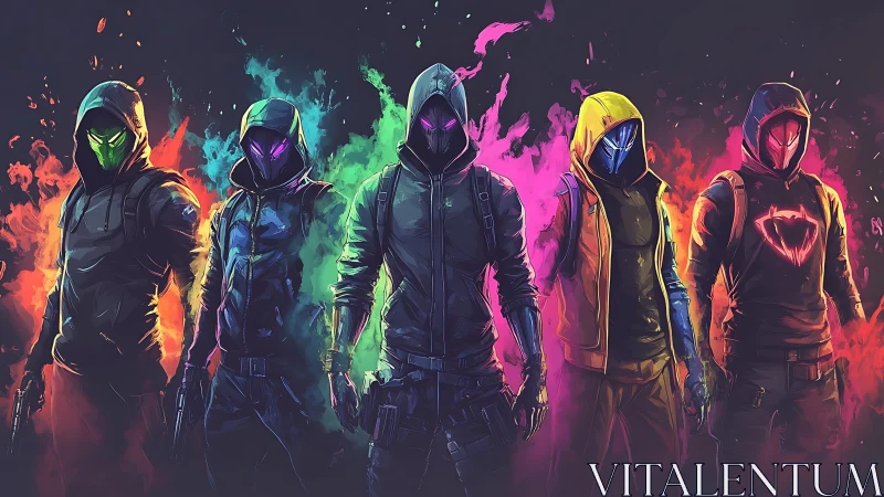 Neon hooded squad standing in a blaze of bold color energy.