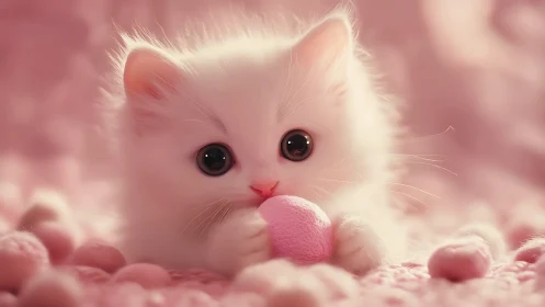 Adorable White Kitten Playing with Soft Pink Ball