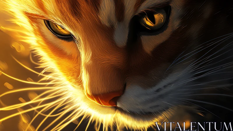 Digital painting close-up of luminous feline portrait lighting.