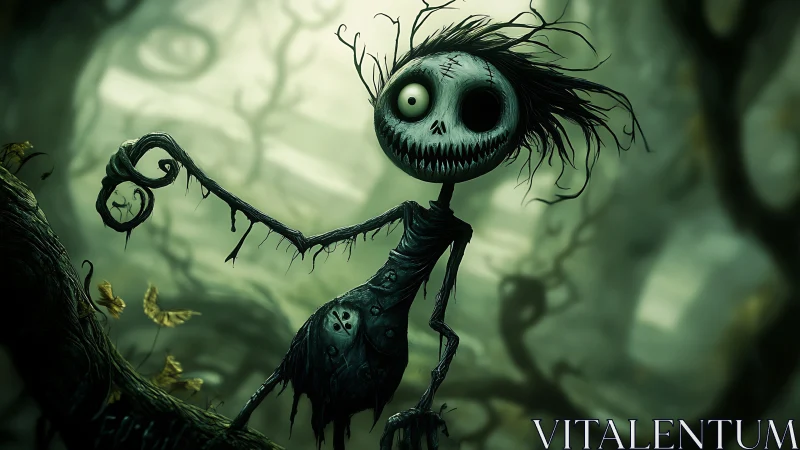 Emaciated ragdoll creature stalks twisted forest branch