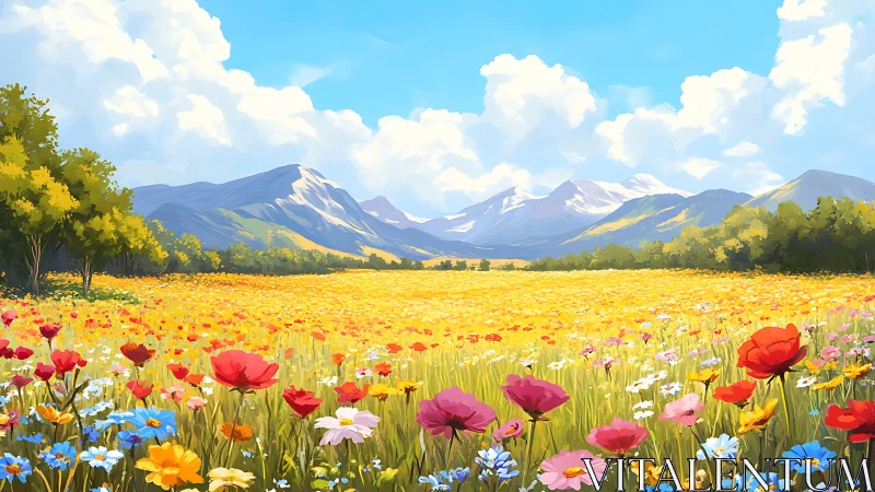 Sunlit mountain meadow bursting in wildflower confetti dreams.