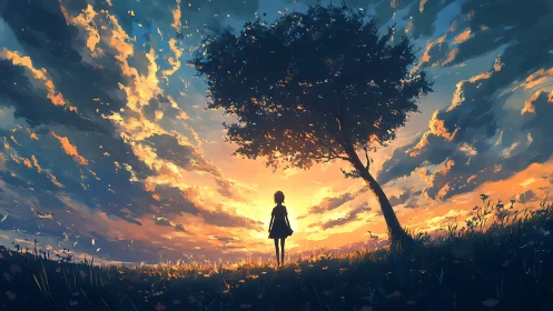 Silhouetted girl under lone tree against vivid sunset sky.