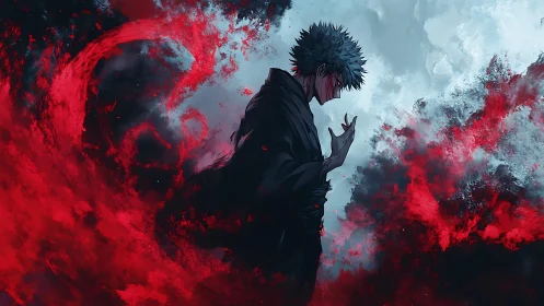 Dark sorcerer commands swirling red energy in stormfront