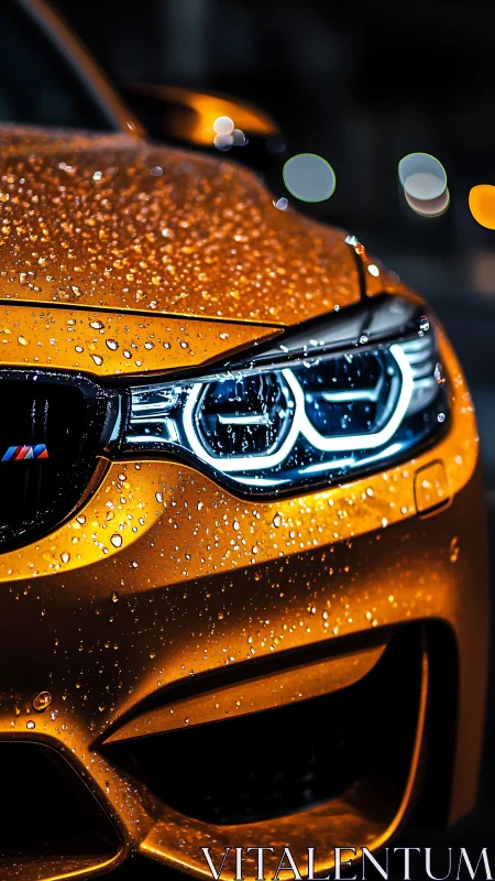 Golden sports coupe prow with neon-lit rain droplets detail.