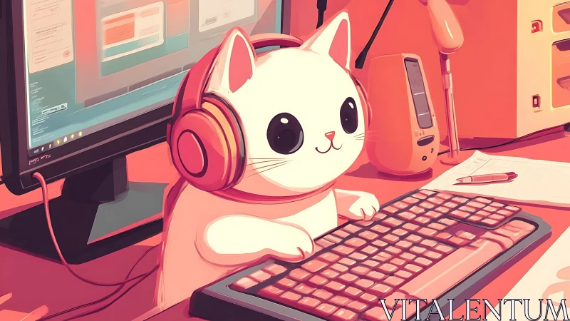 White cartoon cat wears headphones while typing on keyboard