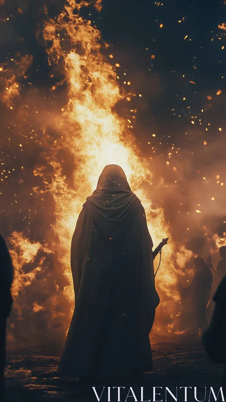 Cloaked pyromancer before vertical inferno plume at night.