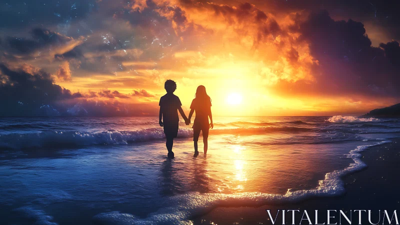 Two figures hold hands wading through luminous ocean sunset