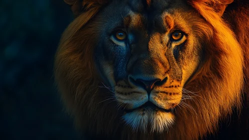 Golden lion watching the dusk with calm, steady courage.