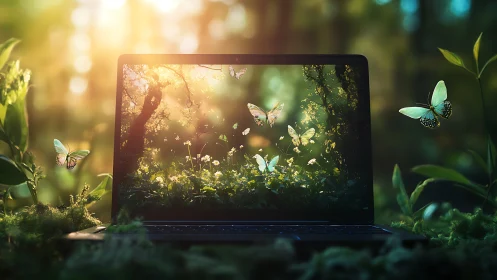 Laptop in forest environment displaying illuminated butterflies.