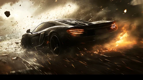 Supercar drifts through fire and debris in cinematic night storm