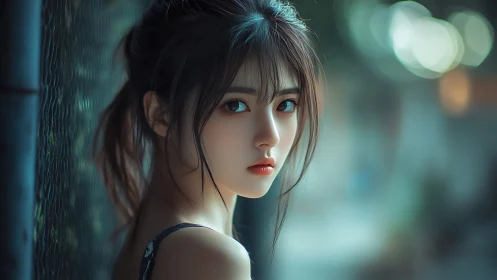 Digital portrait of pensive young woman in teal bokeh light.