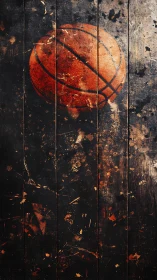 Weathered basketball painting on dark distressed boards.