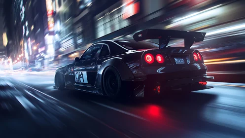 Street racer coupe blasting through neon city night.