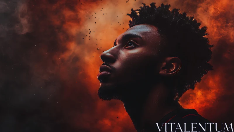 Profile in ember clouds with dramatic upward gaze portrait.