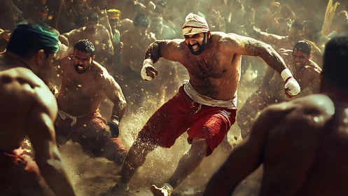 Bare-chested fighters clash in sunlit dusty arena chaos.