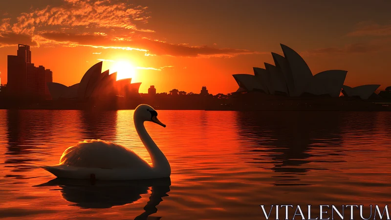 Swan silhouette gliding before fiery Sydney sunset skyline.