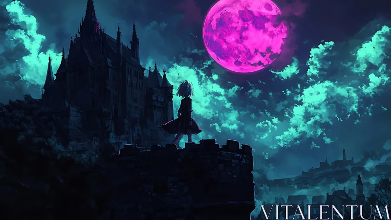 Midnight wanderer under the glowing magenta moon.