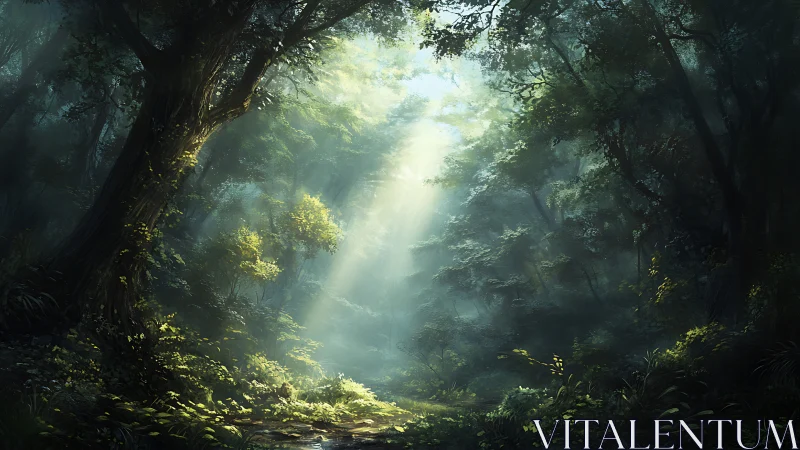 Misty Forest Passage with Celestial Light Rays