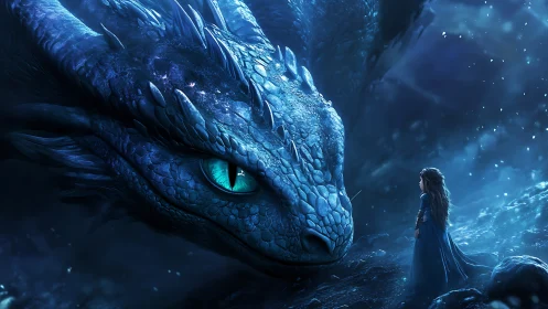Moonlit blue dragon and girl in luminous cavern tableau.