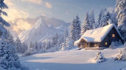 Snow covered log cabin in conifer forest with mountains.