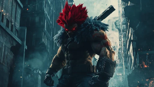 Demonic warrior with red hair dominates ruined cityscape.