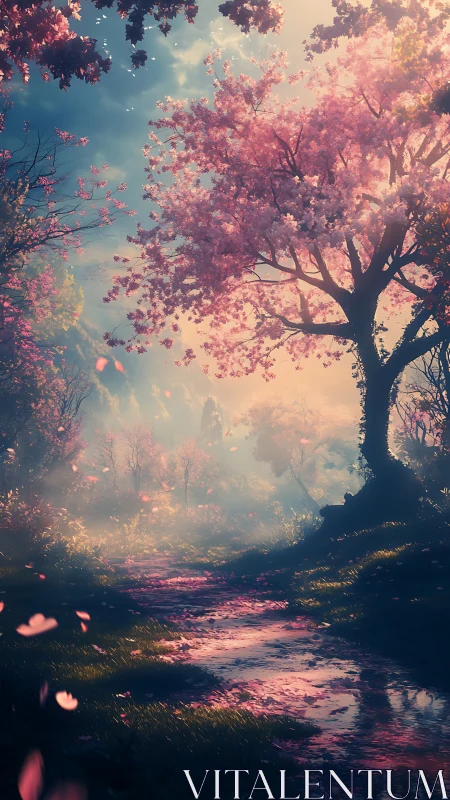 Whispering cherry path under spellbound sunrise glow.