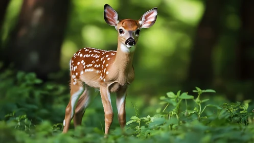 Young white-tailed fawn stands alert in softly blurred forest