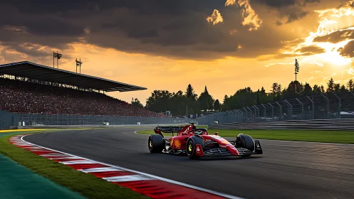 Red Formula 1 car races through sunset-lit circuit turn.