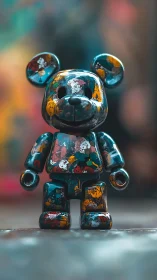 Paint-splattered vinyl bear figurine rendered in glossy 3D