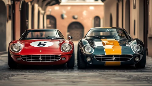 Twin classic sports cars share a quiet sunlit street moment