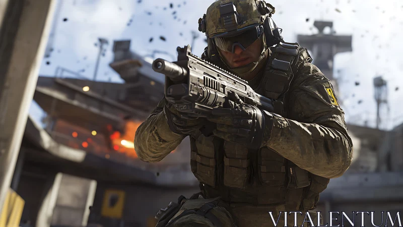 Combat soldier advancing under fire in realistic urban warzone.