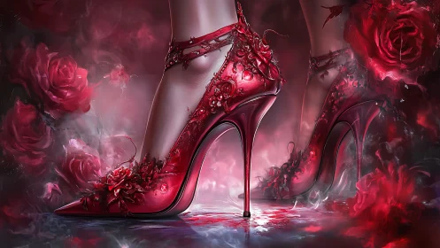 Crimson floral stilettos rise from swirling rose mist