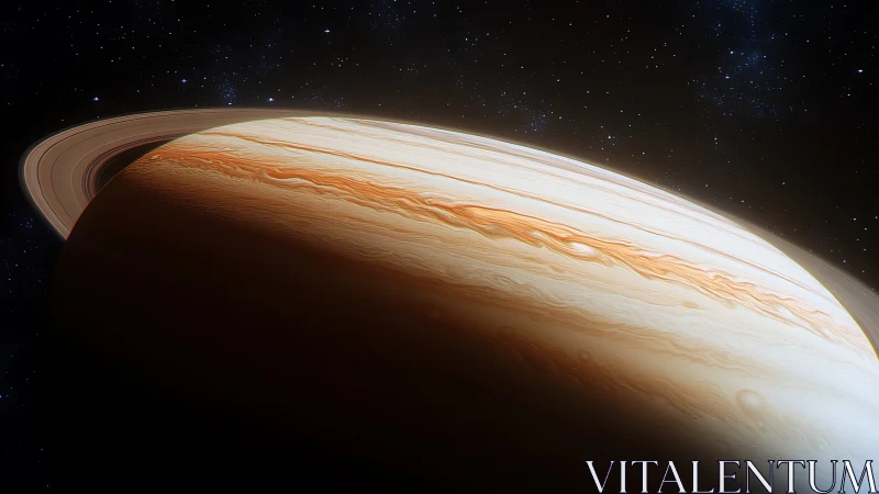 Ringed gas giant with luminous cloud bands in space.